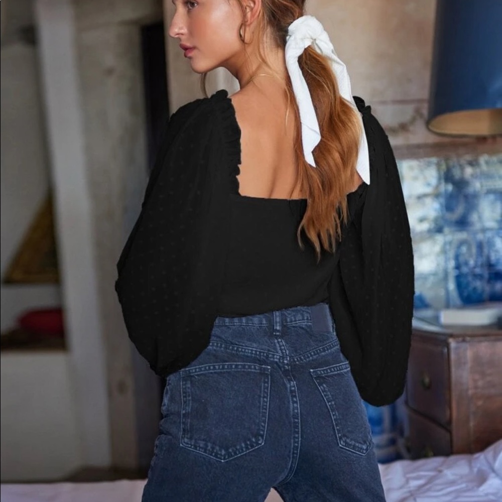 Boho gypsy crop top milk maid black lantern sleeve - Picture 3 of 11